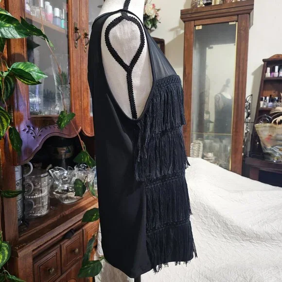 7th Avenue Black Sleeveless Sheer and Fringe Top - Picture 4 of 13